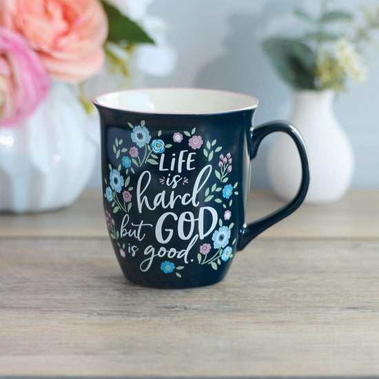 God is Good Navy Floral Ceramic Coffee Mug - Pura Vida Books