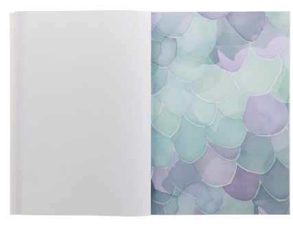 Open spread with a green and lilac scalloped watercolor design