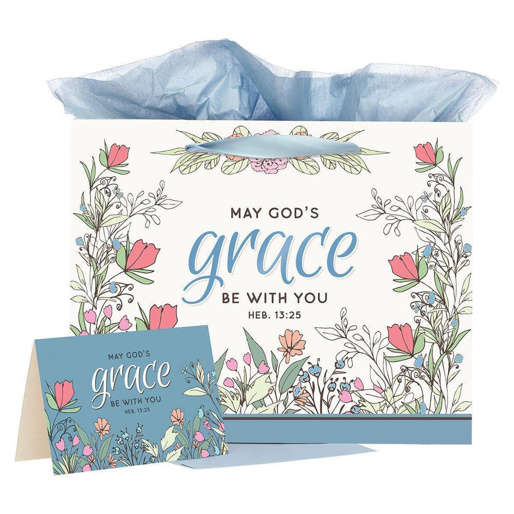 God's Grace Blue Floral Large Landscape Gift Bag and Card Set - Hebrews 13:25 - Pura Vida Books