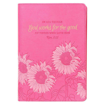 God Works For The Good Pink Sunflower Faux Leather Classic Journal with Zippered Closure - Romans 8:28 - Pura Vida Books