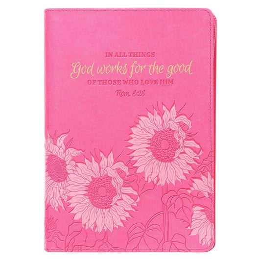 God Works For The Good Pink Sunflower Faux Leather Classic Journal with Zippered Closure - Romans 8:28 - Pura Vida Books