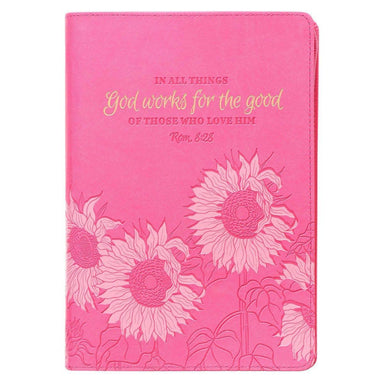 God Works For The Good Pink Sunflower Faux Leather Classic Journal with Zippered Closure - Romans 8:28 - Pura Vida Books