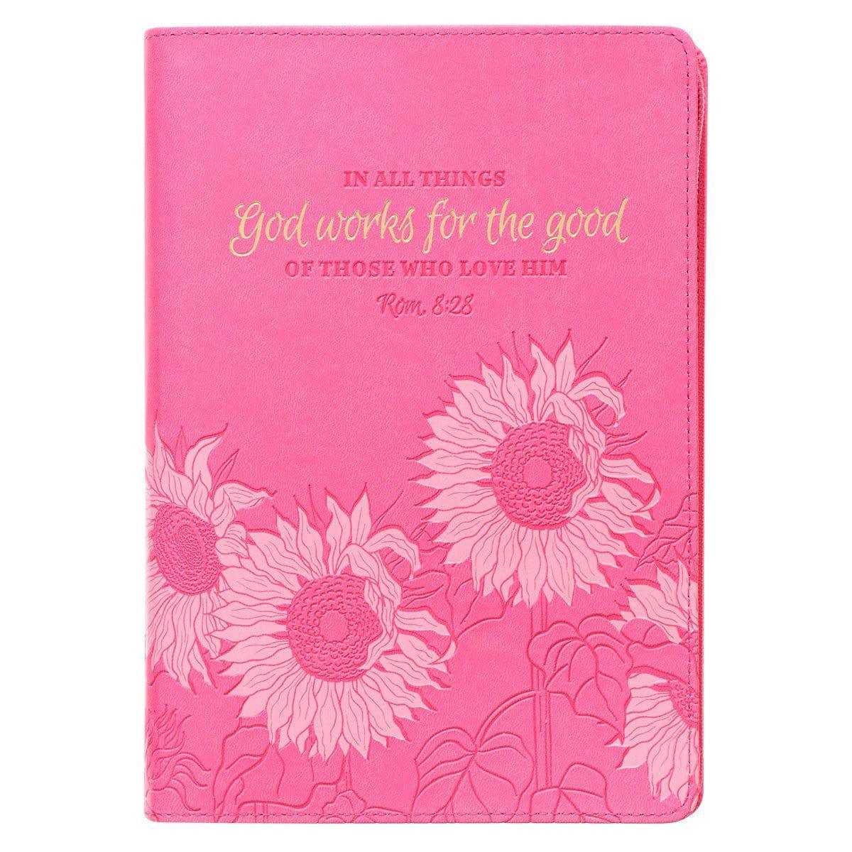 God Works For The Good Pink Sunflower Faux Leather Classic Journal with Zippered Closure - Romans 8:28 - Pura Vida Books