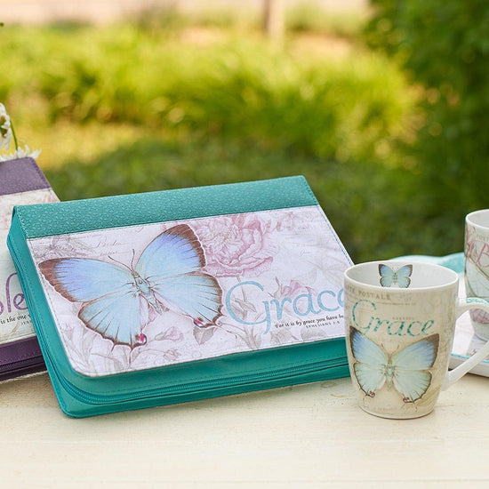 Grace Teal Butterfly Blessings Fashion Faux Leather Bible Cover - Ephesians 2:8 - Pura Vida Books