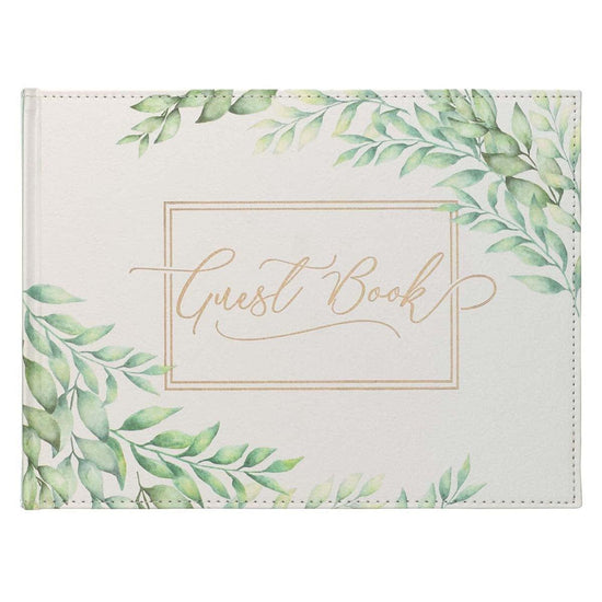 Green Leaves Medium White and Green Faux Leather Guest Book - Pura Vida Books