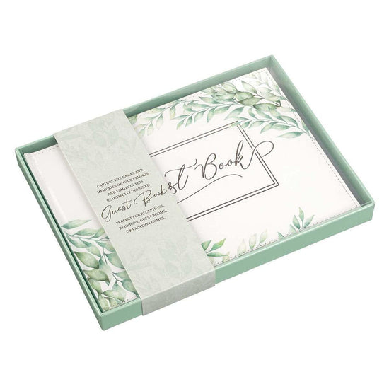 Green Leaves Medium White and Green Faux Leather Guest Book - Pura Vida Books