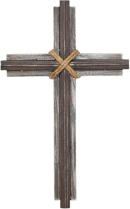Hanging Wall Cross Rustic Wood and Metal Natural Brown 16 x 10 - Pura Vida Books