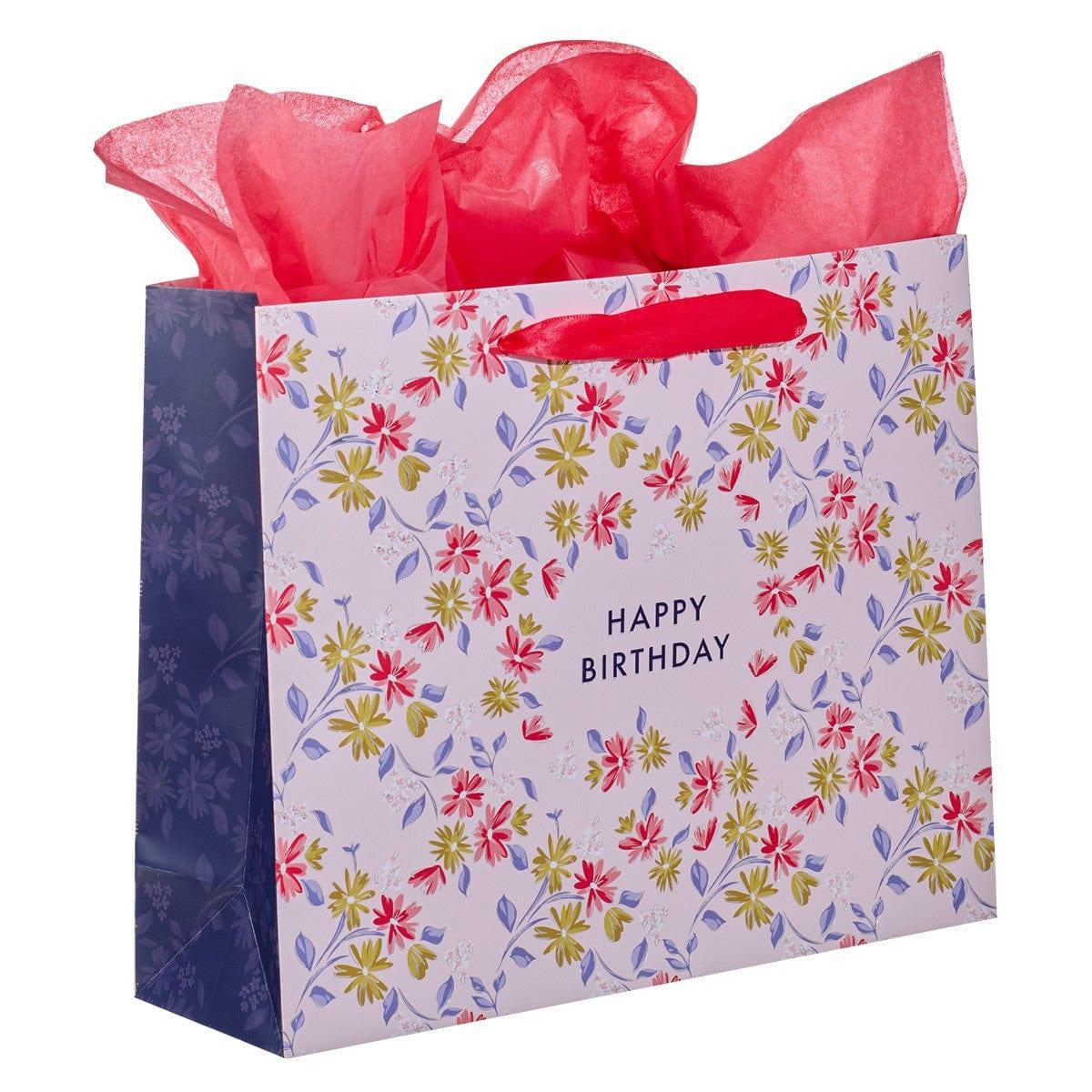 Happy Birthday Pink Flower Trellis Large Landscape Gift Bag Set with Card - Pura Vida Books