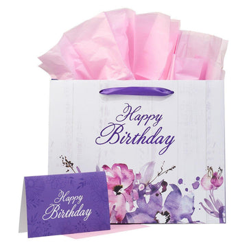 Happy Birthday Purple Floral Large Landscape Gift Bag and Card Set - Pura Vida Books