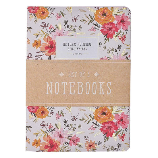 He Leads Me Pink Floral Large Notebook Set - Psalm 23:2 - Pura Vida Books