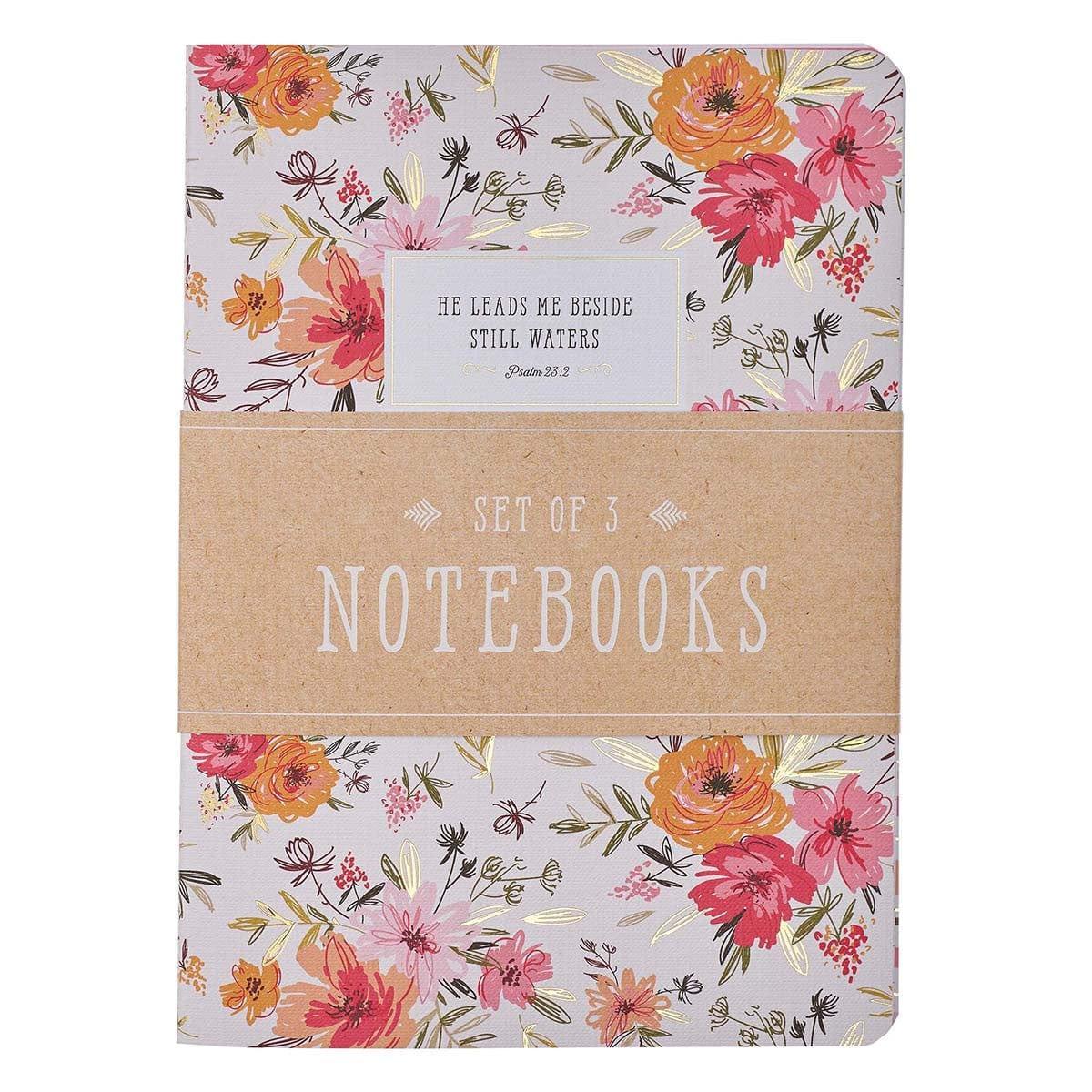 He Leads Me Pink Floral Large Notebook Set - Psalm 23:2 - Pura Vida Books