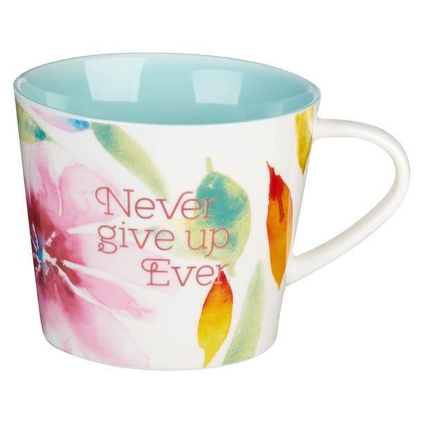 Heartfelt Coffee Mug Never Give Up Ever, Teal/Pink Daisies (Other) - Pura Vida Books