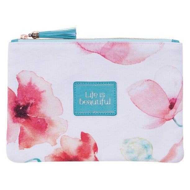 Heartfelt Multi-Purpose Zipped Pouch Canvas Coral Poppies Life Is Beautiful - Pura Vida Books