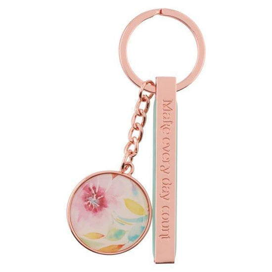 Heartfelt Women's Keychain Make Every Day Count Floral Pink Daisies Teal/Rose Gold Metal - Pura Vida Books