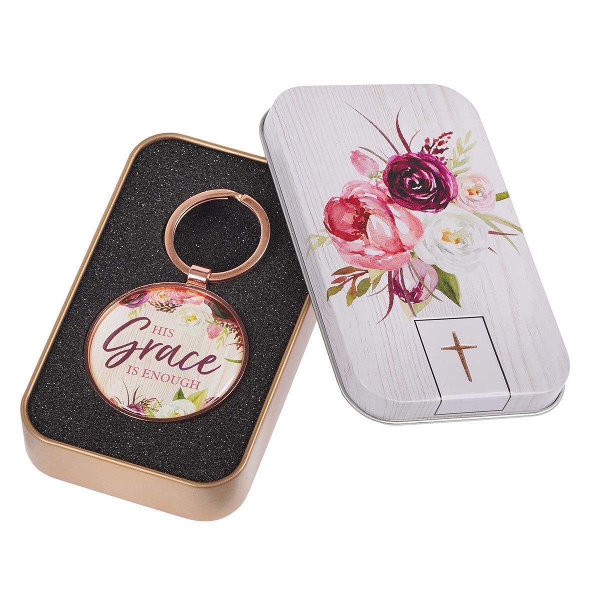 His Grace is Enough Keyring in a Tin in Pink Plum - 2 Corinthians 12:9 - Pura Vida Books