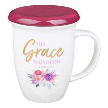 His Grace is Enough Lidded Ceramic Mug in Pink Plum - 2 Corinthians 12:9 - Pura Vida Books