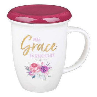 His Grace is Enough Lidded Ceramic Mug in Pink Plum - 2 Corinthians 12:9 - Pura Vida Books