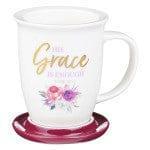 His Grace is Enough Lidded Ceramic Mug in Pink Plum - 2 Corinthians 12:9 - Pura Vida Books