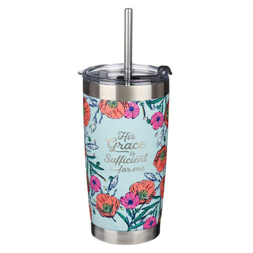 His Grace Stainless Steel Travel Mug With Reusable Stainless Steel Straw - Pura Vida Books