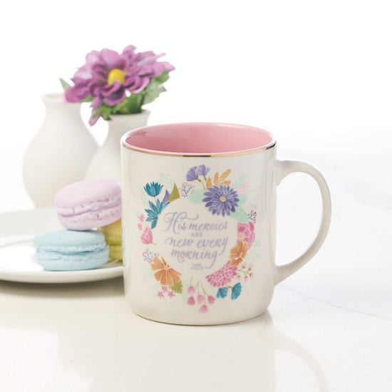 His Mercies Floral Wreath Ceramic Coffee Mug - Lamentations 2:22-23 - Pura Vida Books