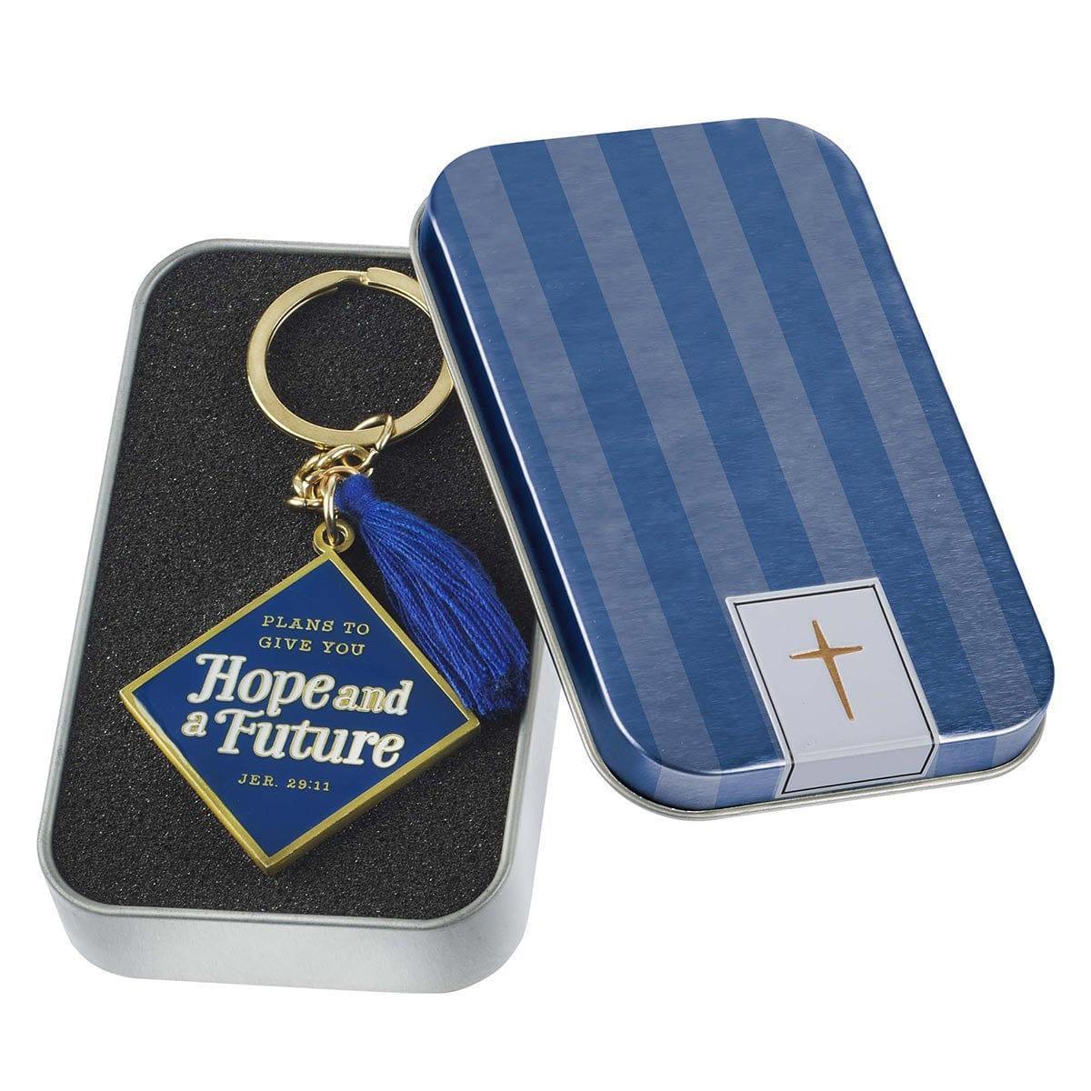 Hope and a Future Navy Metal Graduation Key Ring with Tassel in Gift Tin - Jeremiah 29:11 - Pura Vida Books