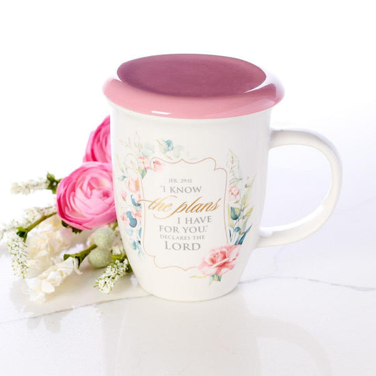 I Know the Plans Pink Lidded Ceramic Coffee Mug - Jeremiah 29:11 - Pura Vida Books