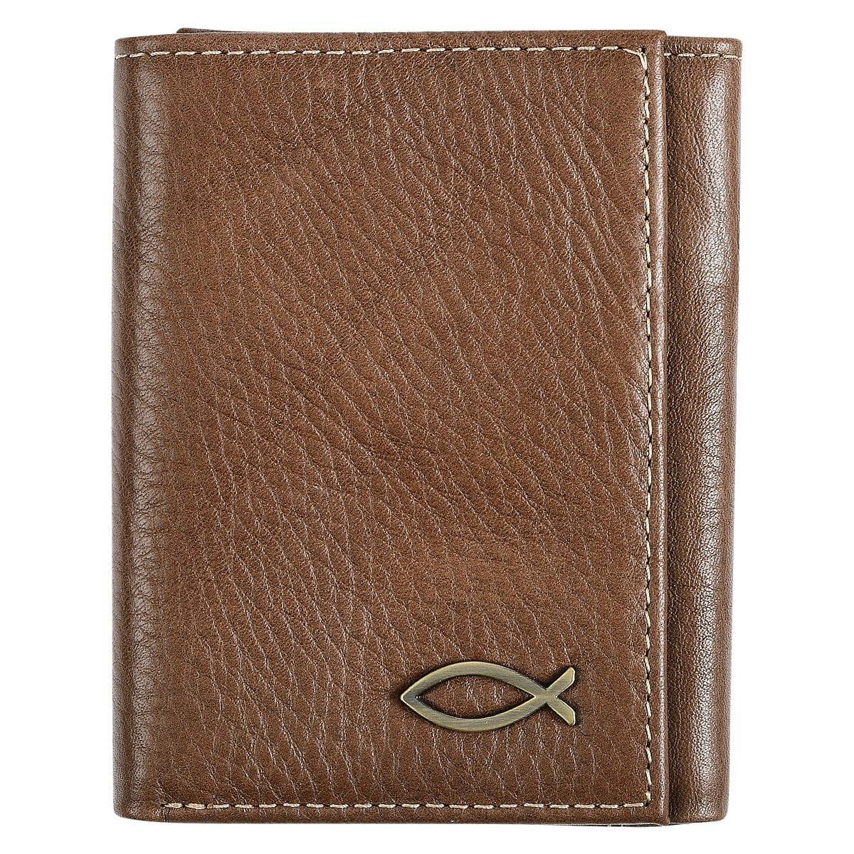 Ichthus Fish Brown Genuine Leather Trifold Wallet - Pura Vida Books