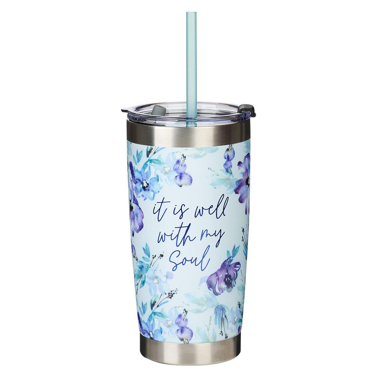 It Is Well With My Soul Purple Posies Stainless Steel Travel Mug with Reusable Straw - Pura Vida Books