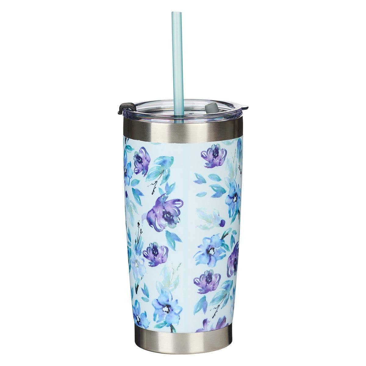 It Is Well With My Soul Purple Posies Stainless Steel Travel Mug with Reusable Straw - Pura Vida Books