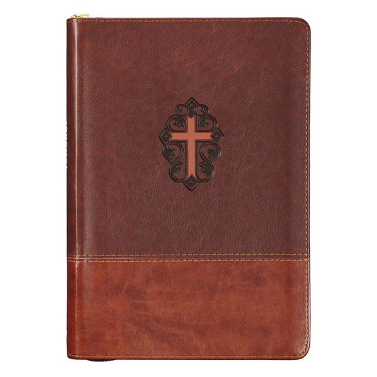 John 3:16 Collection Zippered Two-Tone Brown Faux Leather Classic Journal With Cross - Pura Vida Books