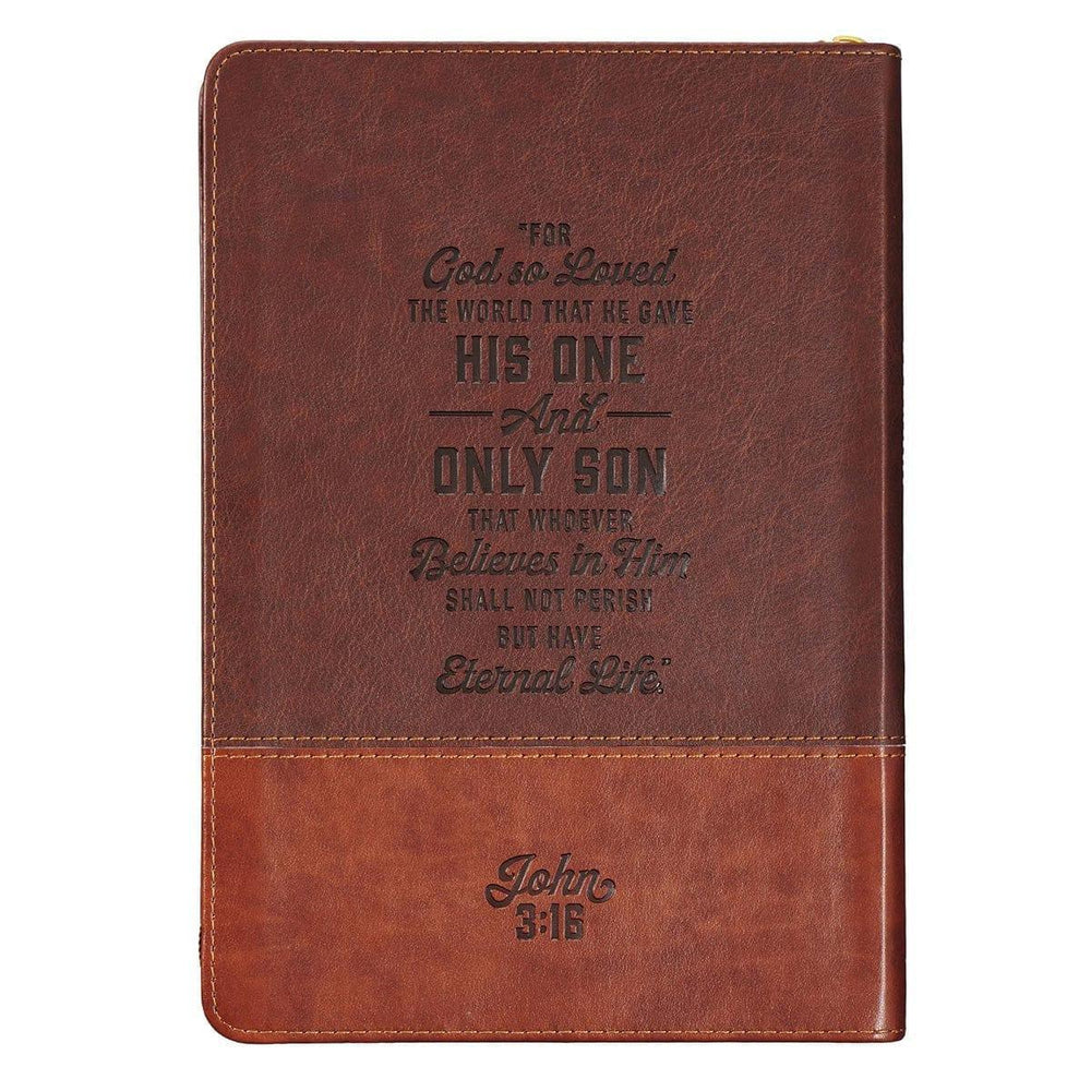 John 3:16 Collection Zippered Two-Tone Brown Faux Leather Classic Journal With Cross - Pura Vida Books