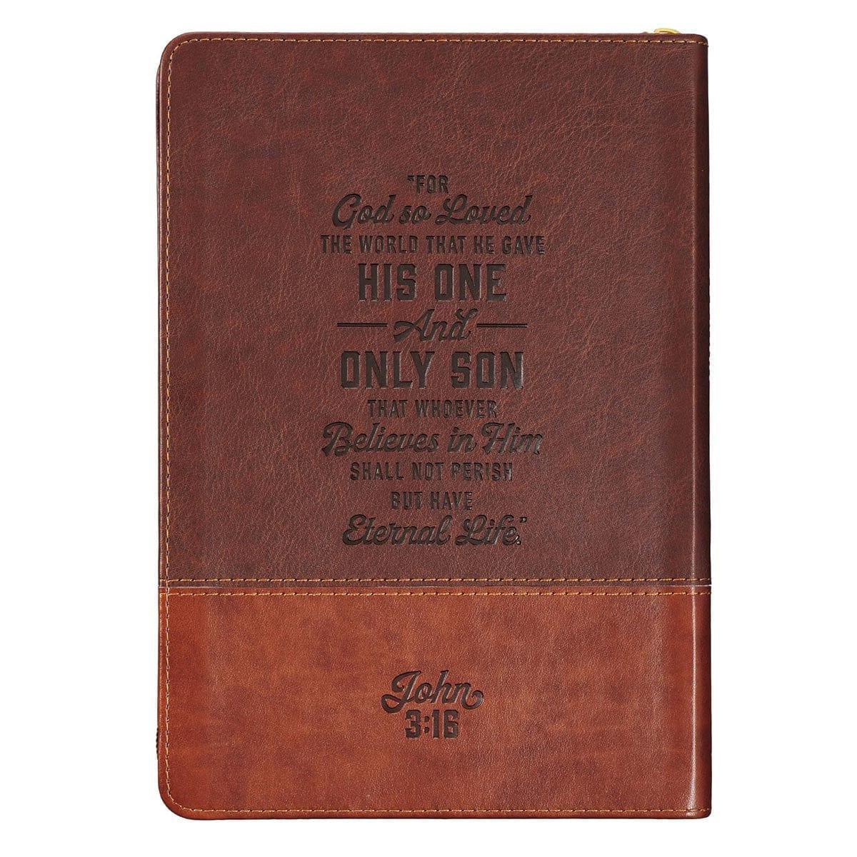 John 3:16 Collection Zippered Two-Tone Brown Faux Leather Classic Journal With Cross - Pura Vida Books