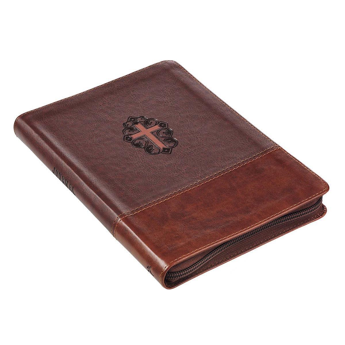 John 3:16 Collection Zippered Two-Tone Brown Faux Leather Classic Journal With Cross - Pura Vida Books