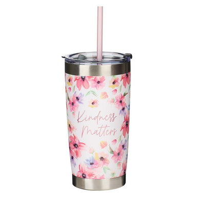 Kindness Matters Pink Cosmos Stainless Steel Travel Mug with Reusable Straw - Pura Vida Books