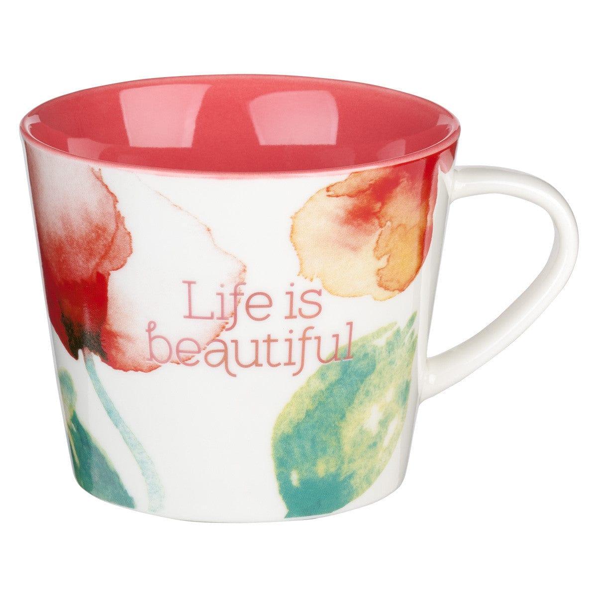 Life Is Beautiful Coral Poppies Ceramic Coffee Mug - Pura Vida Books