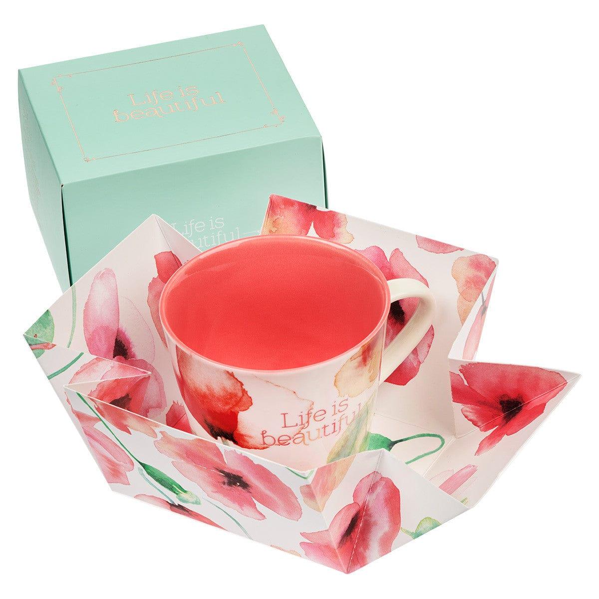 Life Is Beautiful Coral Poppies Ceramic Coffee Mug - Pura Vida Books