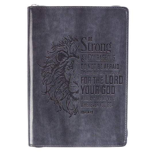 Lion Face Be Strong And Courageous Zippered Classic LuxLeather Journal - Joshua 1:9 - Pura Vida Books