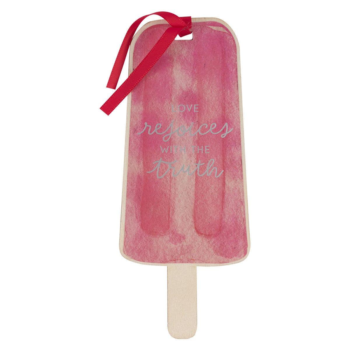 Love Rejoices Strawberry Pink Popsicle Wood Bookmark - 1 Corinthians 13:6 - Pura Vida Books