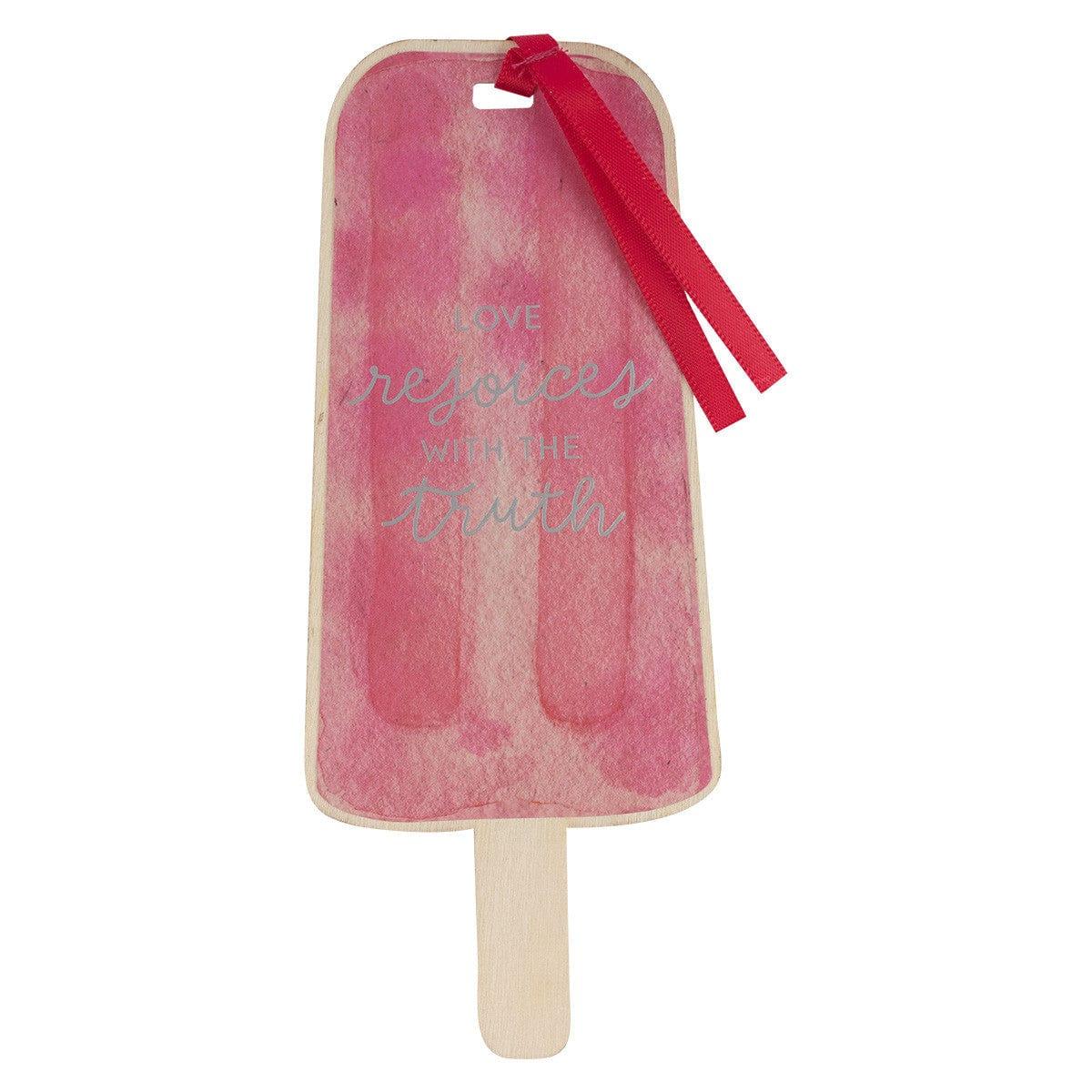 Love Rejoices Strawberry Pink Popsicle Wood Bookmark - 1 Corinthians 13:6 - Pura Vida Books