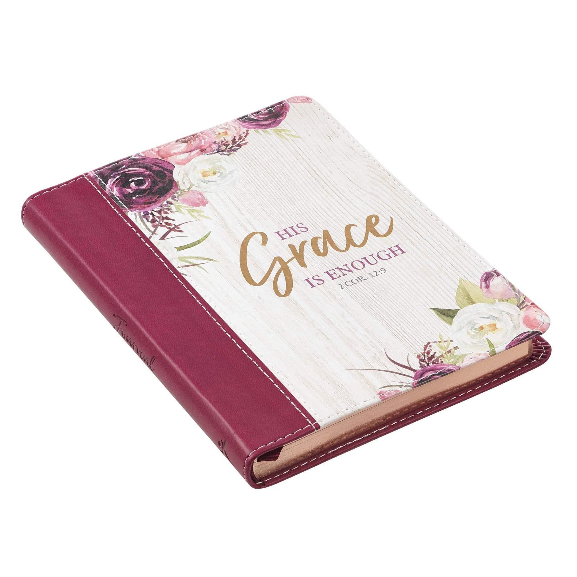 Magenta/Plum Floral Faux Leather Journal His Grace Is Enough 2 Corinthians 12:9 Bible Verse - Pura Vida Books