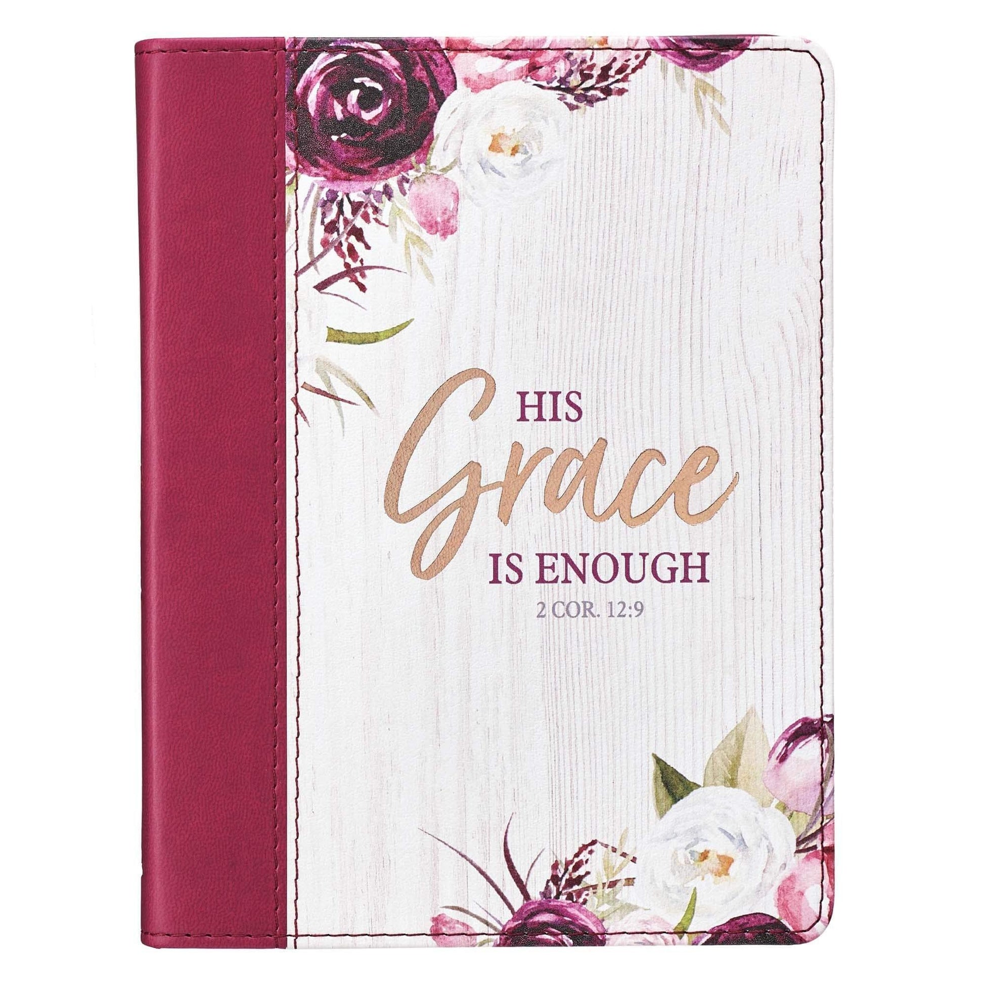 Magenta/Plum Floral Faux Leather Journal His Grace Is Enough 2 Corinthians 12:9 Bible Verse - Pura Vida Books