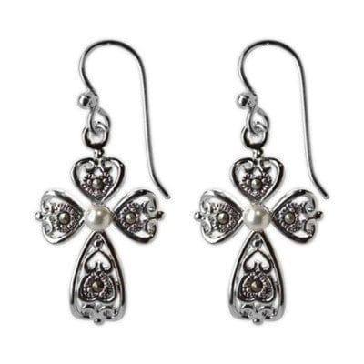 Marcasite Cross Earrings with Plastic Pearl Earrings - Pura Vida Books