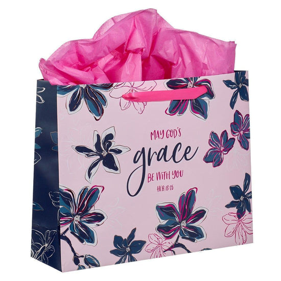 May God's Grace Be With You Blue Floral Large Landscape Gift Bag with Card - Hebrews 13:25 - Pura Vida Books