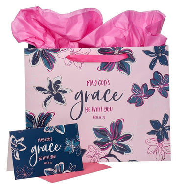 May God's Grace Be With You Blue Floral Large Landscape Gift Bag with Card - Hebrews 13:25 - Pura Vida Books
