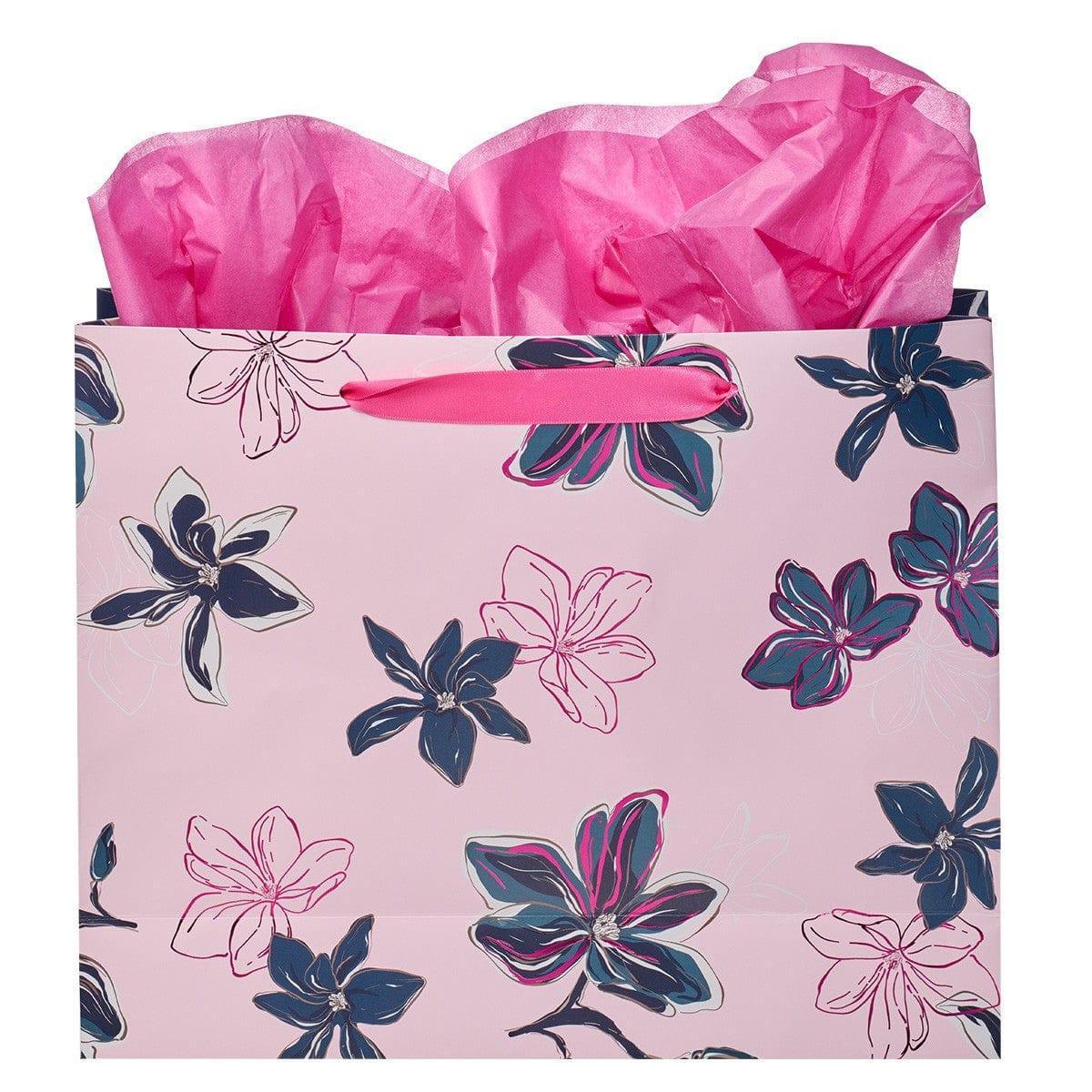 May God's Grace Be With You Blue Floral Large Landscape Gift Bag with Card - Hebrews 13:25 - Pura Vida Books