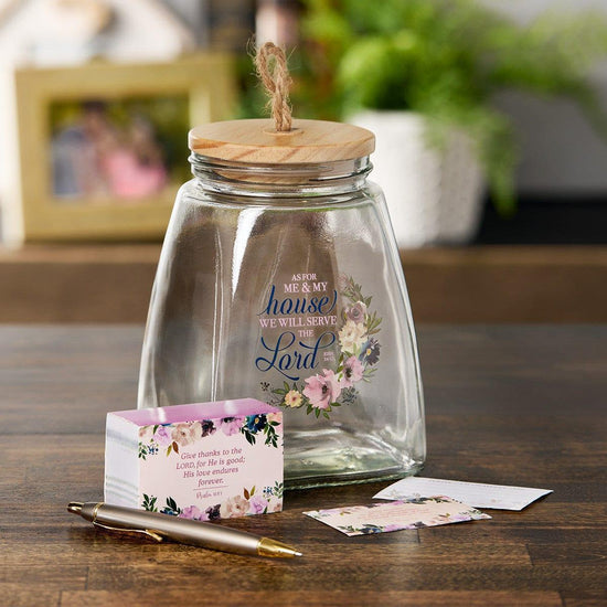 Me and My House Purple Floral Glass Gratitude Jar with Cards - Joshua 24:5 - Pura Vida Books