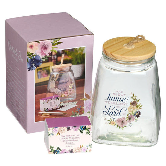 Me and My House Purple Floral Glass Gratitude Jar with Cards - Joshua 24:5 - Pura Vida Books