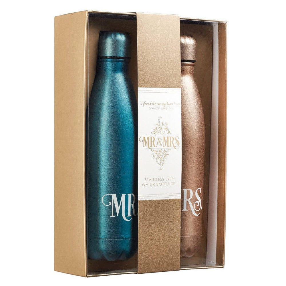 Mr and Mrs Blue and Gold Stainless Steel Water Bottle Set - Pura Vida Books