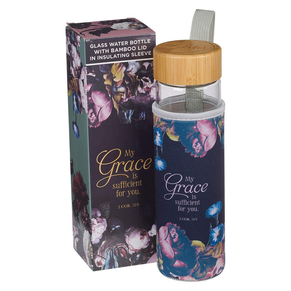 My Grace is Sufficient Glass Water Bottle with Bamboo Lid and Sleeve - 2 Corinthians 12:9 - Pura Vida Books