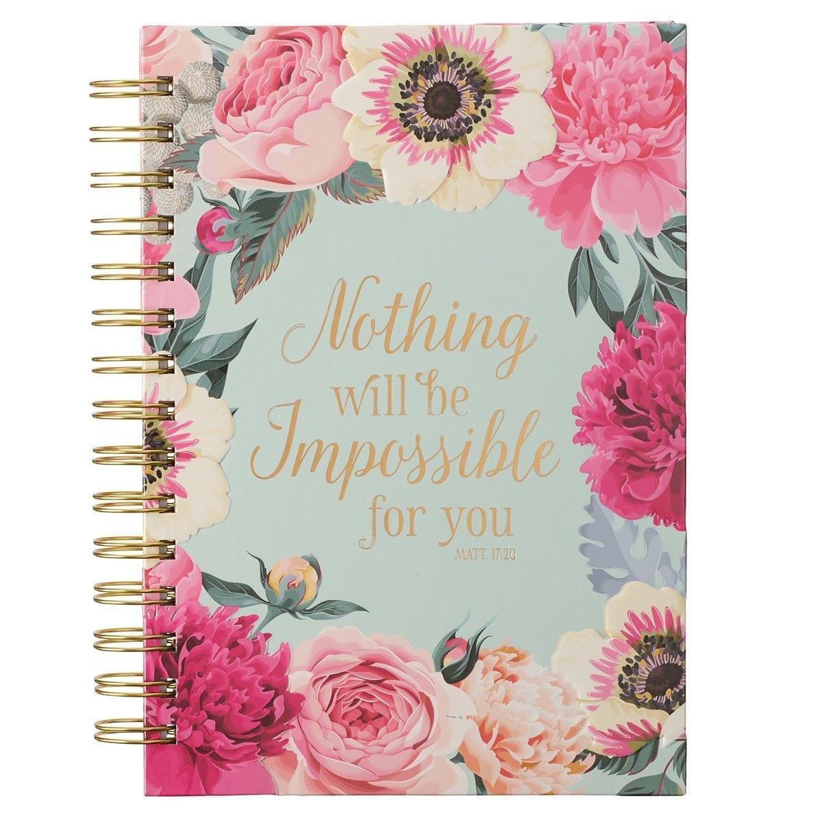 Nothing Will Be Impossible Pink Floral Large Wirebound Journal - Matthew 17:20 - Pura Vida Books